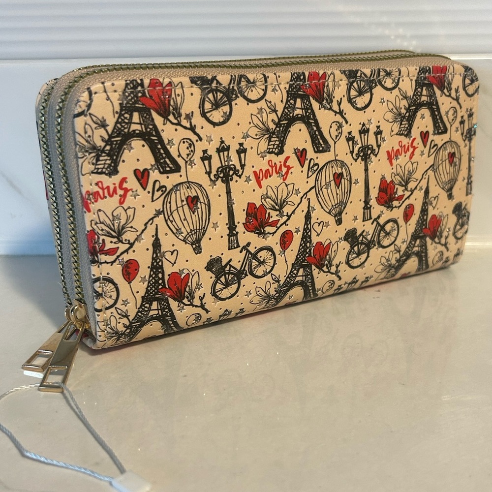 Cream and Red Parisian Print Wallet with double Zip-Around Closure